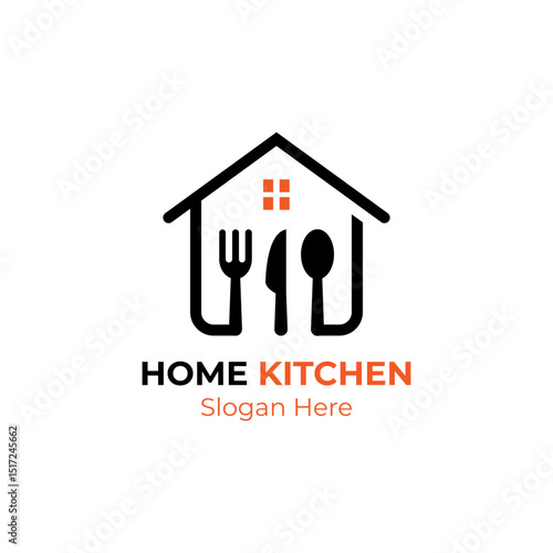 Fork knife and spoon with house logo design. Kitchen home cook with fork knife and spoon logo icon.