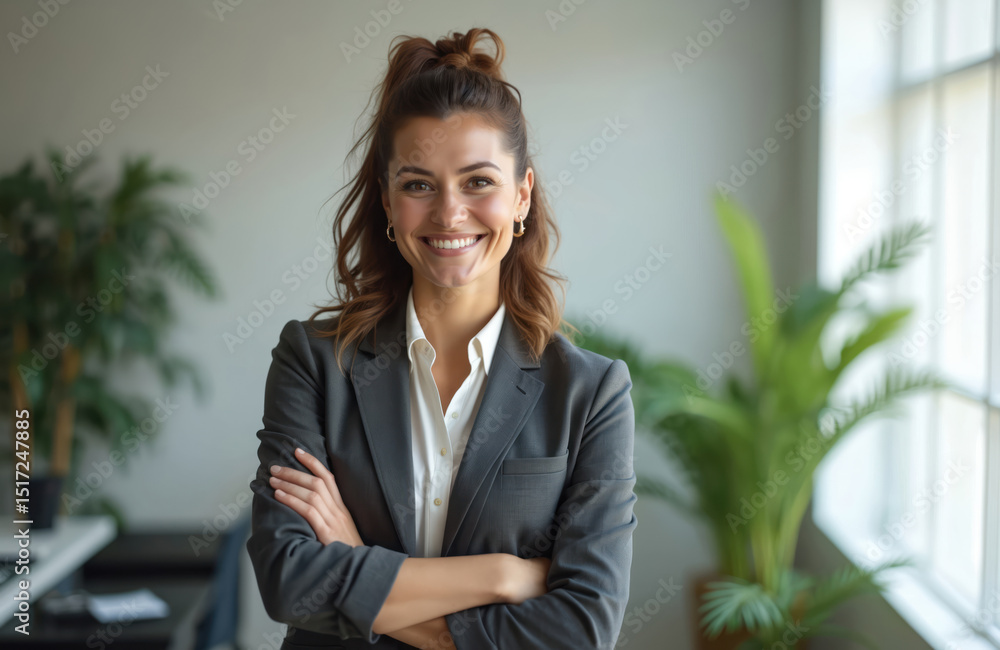 Fototapeta premium Smiling businesswoman stands arms crossed in modern office. Happy female entrepreneur in smart casual suit. Confident woman leader in business. Pro, smiling, looking camera, successful lady boss.
