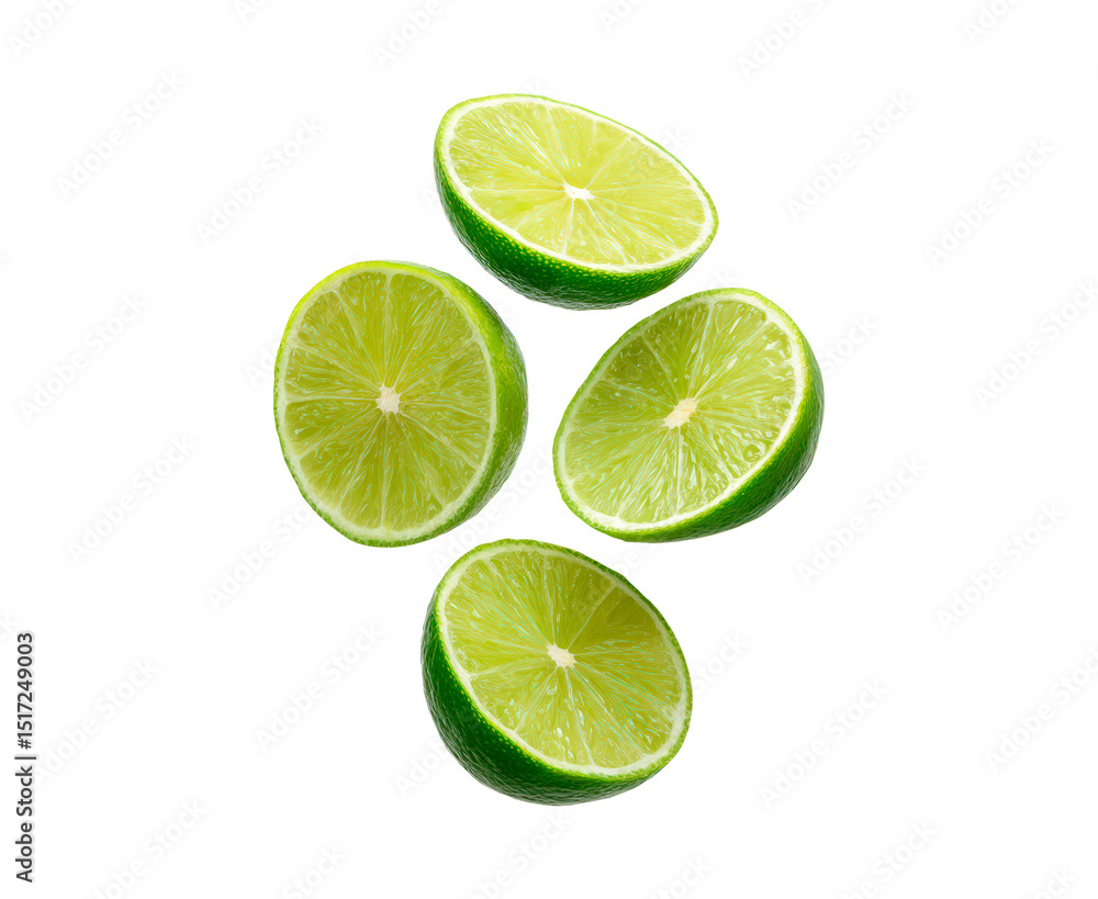 Fresh lime slices suspended in mid-air, vibrant green color and juicy texture on transparent background, PNG Fresh lime slices suspended in mid-air, vibrant green color and juicy texture on transparent background, PNG