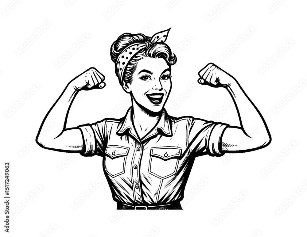 Obraz premium Smiling Caucasian Woman Flexing Biceps and Showing Strength in a Retro Vintage Pinup Style Illustration