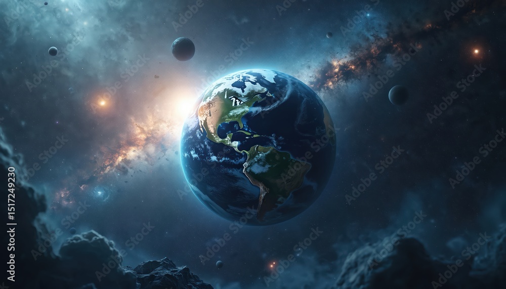 Stunning AI-generated illustration of Earth in space. View of planet Earth in cosmos with stars nebulae. Other planets are orbiting the Earth. Galaxy exploration, cosmic view, science fiction tech. Stunning AI-generated illustration of Earth in space. View of planet Earth in cosmos with stars nebulae. Other planets are orbiting the Earth. Galaxy exploration, cosmic view, science fiction tech.