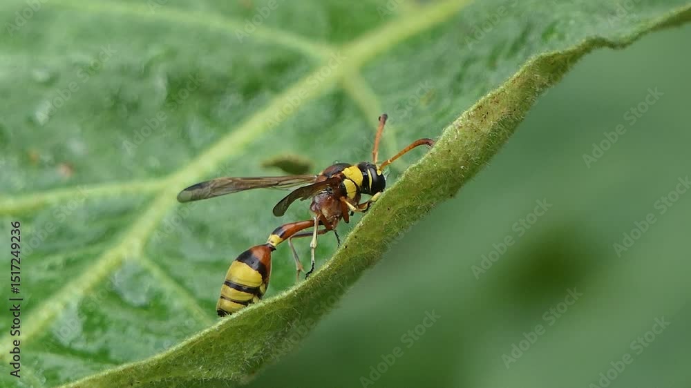 Black back mud wasp resting on green leaf in morning. Black back mud wasp resting on green leaf in morning.
