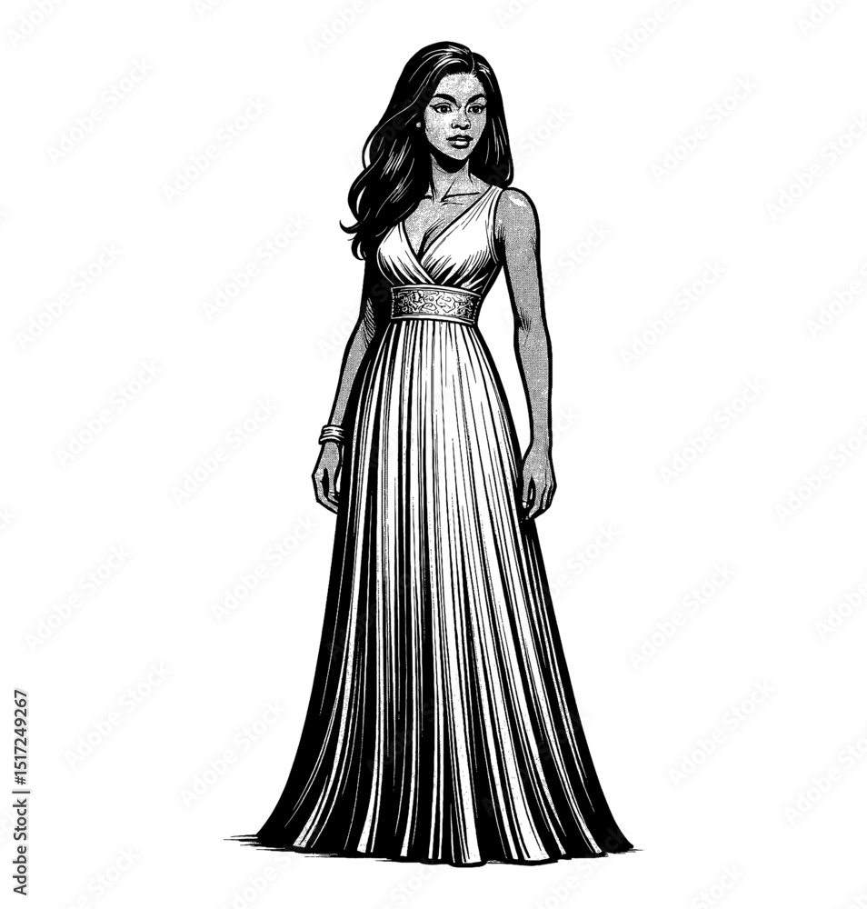 Fototapeta premium Elegant African American Woman in Long Dress Black and White Illustration