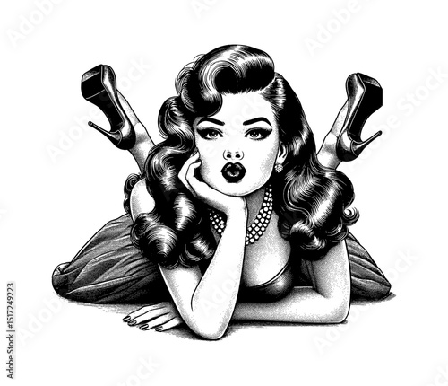 Glamorous Pinup Woman Lying Down with Legs Up and Kissing Lips in Detailed Black and White Engraving