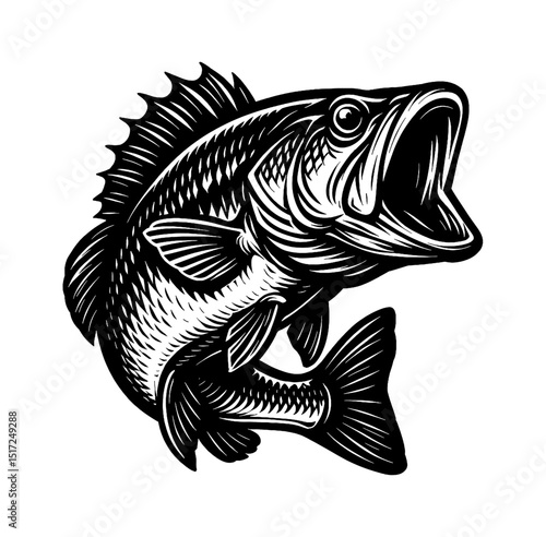 Monochrome illustration of a Largemouth Bass Fish with open mouth in detail