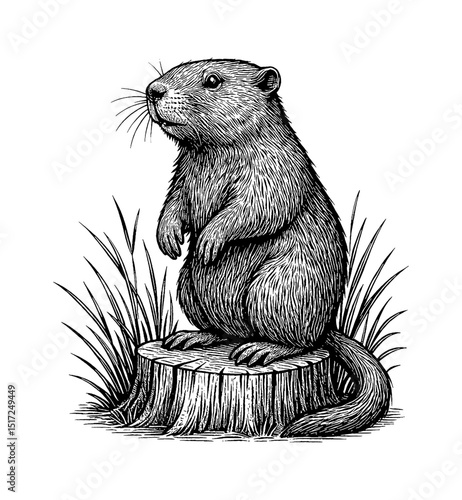 Detailed Engraving of a Groundhog Standing on a Tree Stump with Grass