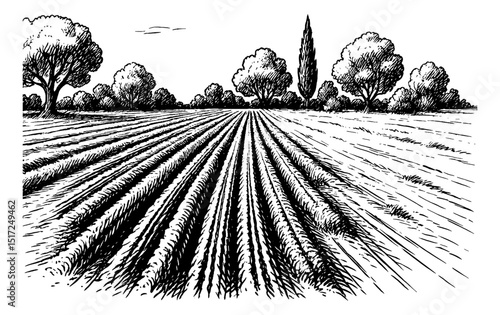 Engraved landscape of a cultivated field with trees in the background