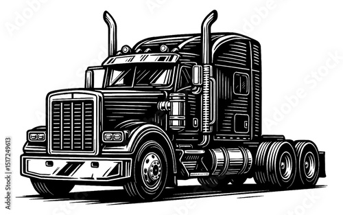 Detailed Black and White Vector Illustration of a Semi Truck on White Background