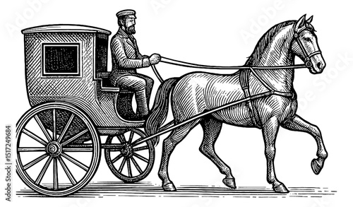 Illustration of a Horse Drawn Carriage with Driver in Detailed Vintage Style Black and White