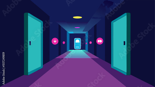 Automated Lighting System An illustration of a hallway with smart LED lights that change color and intensity controlled by a smartphone app. Visible are icons for different