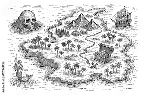 Treasure Island Map with Skull Rock, Ship, Treasure Chest, Mermaid in Vintage Engraving Style