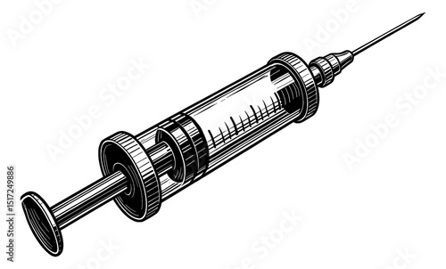 Detailed Black and White Engraving Style Illustration of a Syringe, Medical Equipment