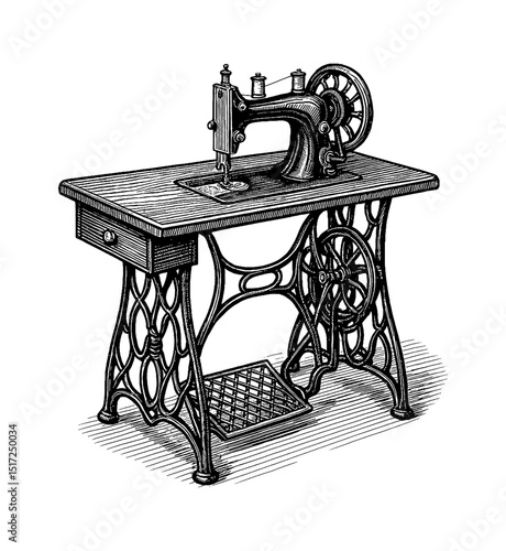 Vintage sewing machine on a table, detailed black and white illustration, antique tailoring equipment