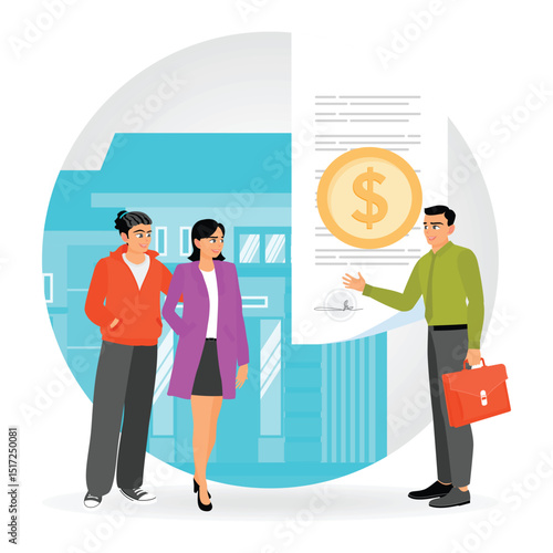 Acquiring Mortgage Concept. Couple Obtains Mortgage from Loan Officer for Property Purchase.