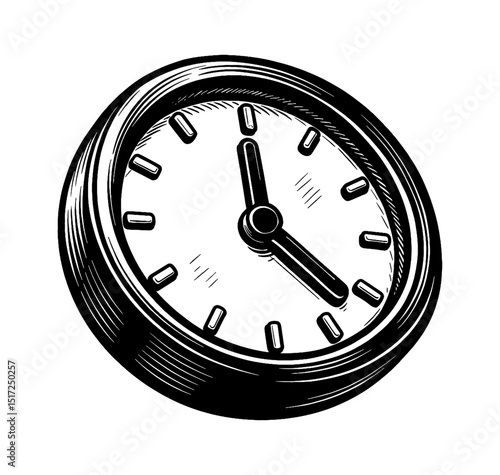 Black and White Illustration of a Clock Showing the Time Engrave Style
