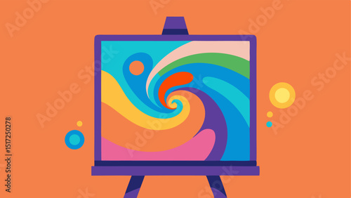Digital Canvas An artists easel with a digital screen displaying an AIgenerated vibrant painting with colorful swirls emanating from the screen.