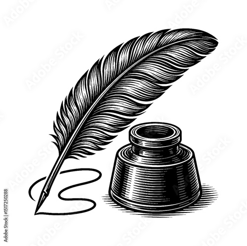 Illustration of Feather Quill Pen with Inkwell in Black and White Engraved Style