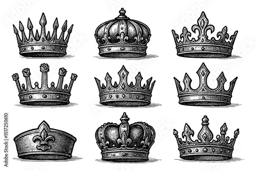 Set of Nine Different Hand Drawn Crown Illustrations Isolated on White Background
