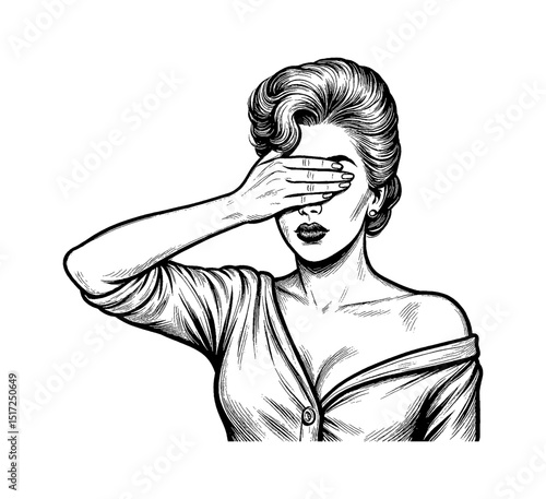 Elegant Woman Covering Eyes with Hand in Vintage Style Black and White Drawing
