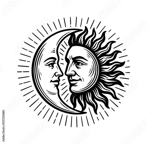 Engraved Illustration of Sun and Moon with Human Faces in Black and White Style
