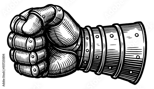 Engraved illustration of a clenched fist wearing gauntlet, strong and power symbol