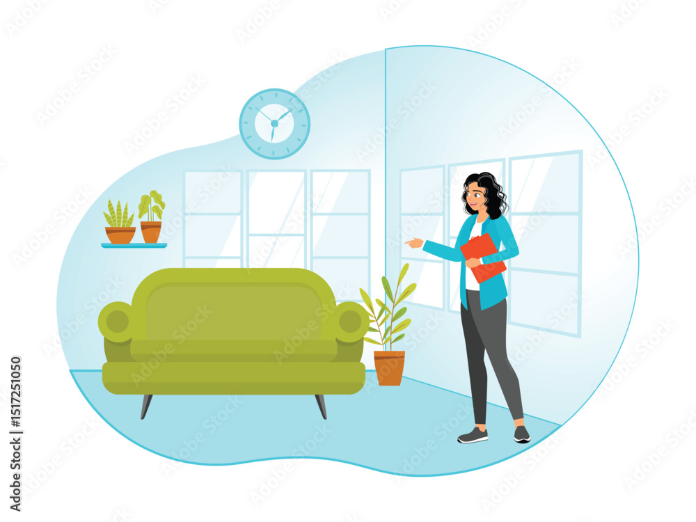 Obraz premium Home Staging Concept. Woman in Bright Living Room with Green Sofa.