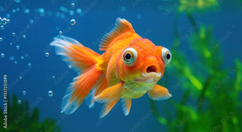Fototapeta premium Astonished Telescope Goldfish in Vibrant Aquarium Setting: A Close-Up Underwater Shot