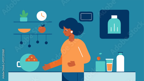 Healthy Lifestyle An individual in a kitchen using a wearable scanner to analyze the nutritional content of food items with health tips appearing beside them.