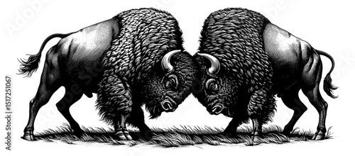 Two American Bisons Butting Heads in Detailed Engraving Style Black and White Illustration