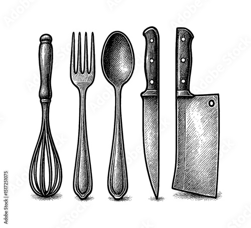 Kitchen Utensils Illustration with Whisk, Fork, Spoon, Knife and Cleaver in Engraving Style