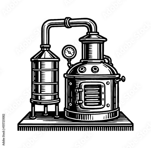 Black and White Illustration of an Old Distillation Machine for Alcohol Making Process