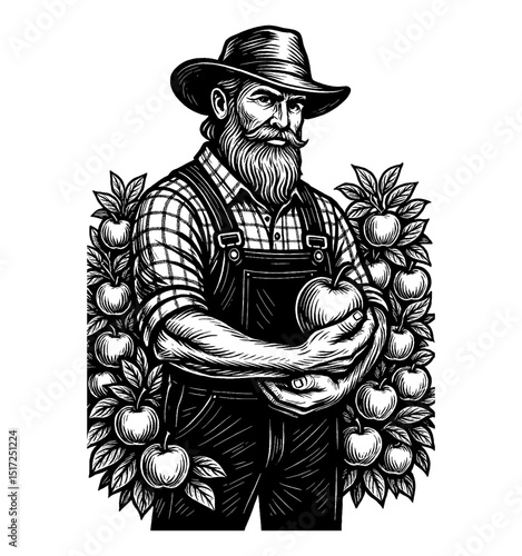 Farmer holding an apple with apple tree, engraving style, black and white illustration
