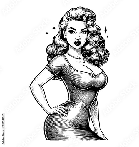 Confident Caucasian Pinup Woman Posing with Hand on Hip in Detailed Black and White Engraving