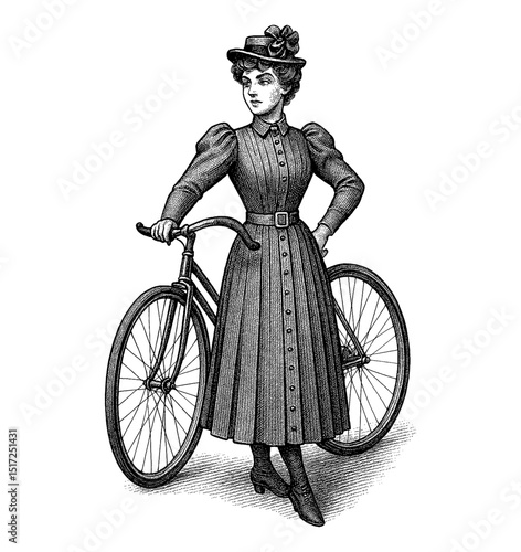 Victorian Woman in Dress with Bicycle Standing in Black and White Engraving Style Art