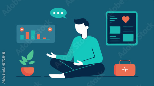 Health Data Display An individual sitting comfortably looking at a handheld device that projects a holographic interface displaying heart rate temperature and other health metrics.