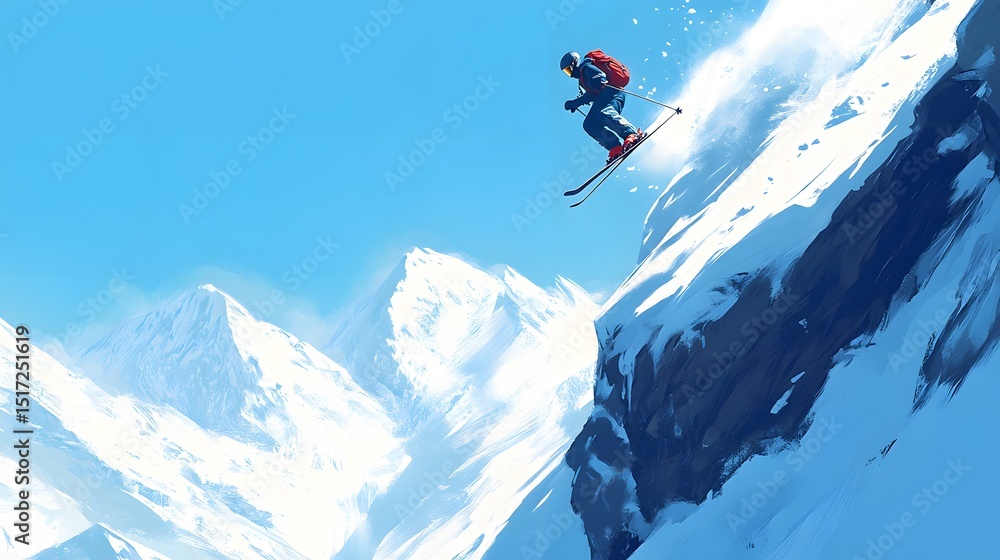 © Berkah - A skier leaps across a snowy mountain slope.