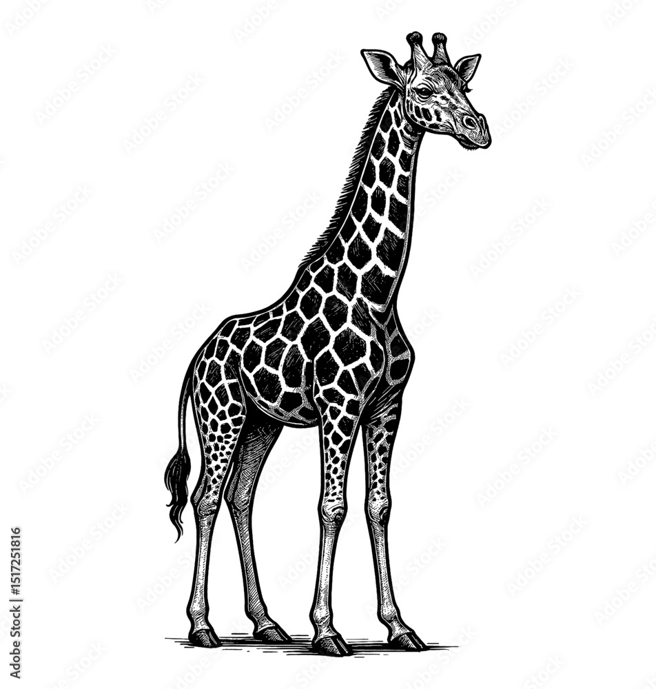 Fototapeta premium Engraving Style Illustration of a Tall Giraffe Standing on a White Background