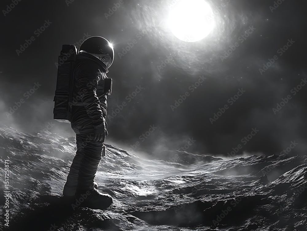 Obraz premium An astronaut contemplating the unknown on a desolate alien planet surface