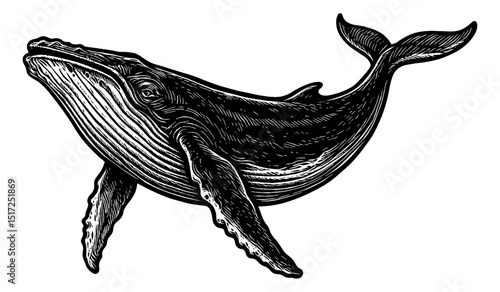 Detailed Engraving of a Whale Floating Upwards in a Vintage Style Illustration