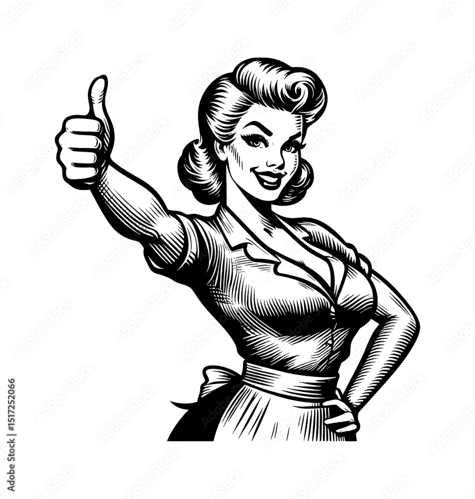 Obraz premium Retro woman giving thumbs up, smiling in black and white vector pinup illustration