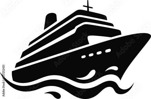 A black and white silhouette of a cruise ship sailing on the ocean with waves and a smokestack visible