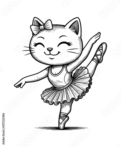 Cute Cat Ballerina in Tutu Performing Ballet Position with Smiling Face in Black and White Illustration
