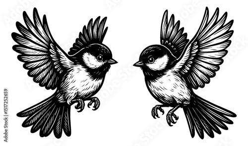 Two Sparrow Flying Opposite Direction Black and White Sketch Illustration on White Background