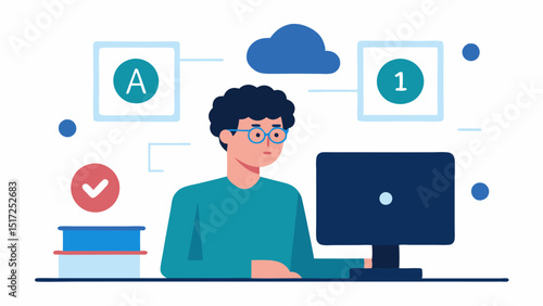 Adaptive Assessments A scene depicting a student at a computer taking a quiz with AI analyzing the answers in realtime adjusting the difficulty of questions based on the students