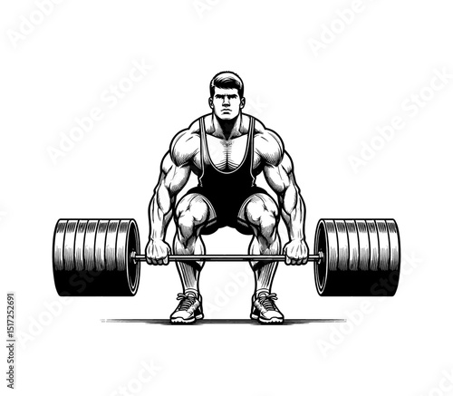 Strongman Preparing to Lift Heavy Barbell in Detailed Black and White Engraving