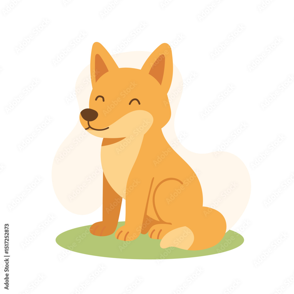 Fototapeta premium Smiling dingo sitting on grass in calm pose, dingo cartoon brings out charm of wild dogs, perfect for educational designs, kids materials, and animal-themed graphic projects.