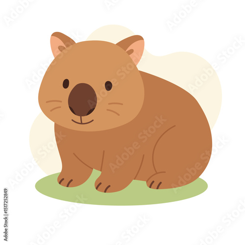 Adorable wombat sitting calmly on grass, wombat cartoon brings out charm of Australian wildlife, perfect for educational projects, kids books, animal prints and nature designs.