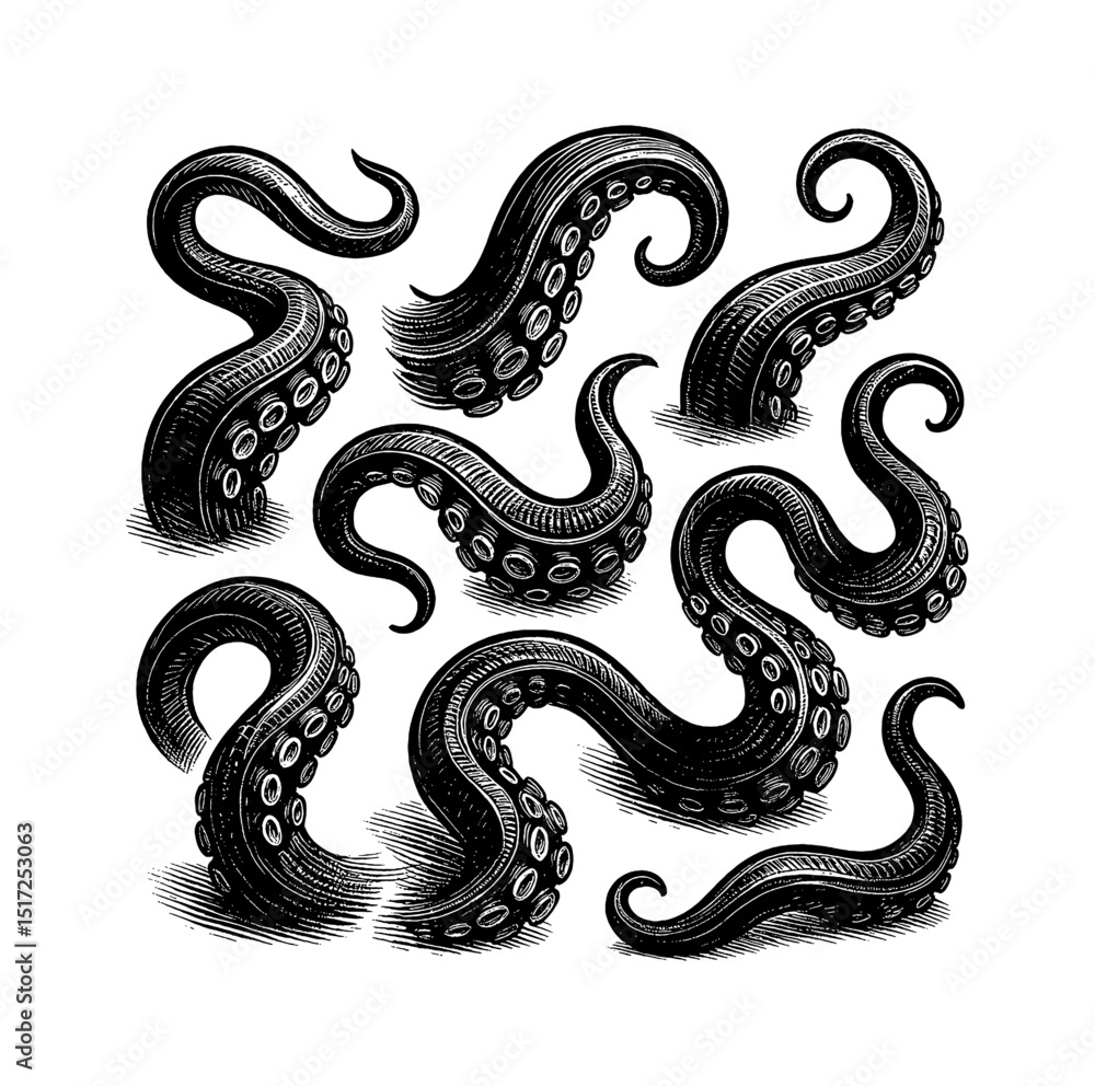 Fototapeta premium Engraved Octopus Tentacles Set Isolated on White Background, Detailed Vector Illustration