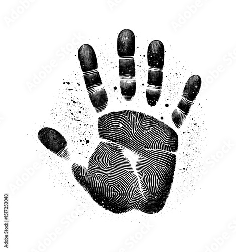 Black Fingerprint Handprint with Lines and Dots on White Background in Engraving Style