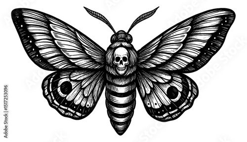 Detailed Hand Drawn Illustration of Death's Head Moth with Skull, Black and White Line Art